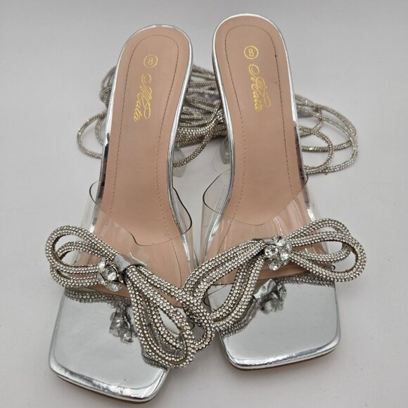 Mata Silver Lace Up Bow Square Toe Heels Womens 8 Martini Heel Clear Sparkle EUC - Picture 3 of 9